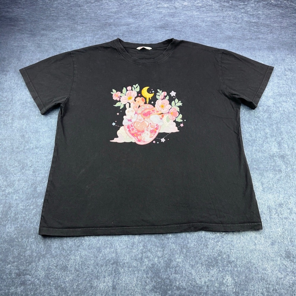 Romwe Black Graphic T-Shirt XL Anime Kawaii Bunny Heart Floral Moon Short Sleeve